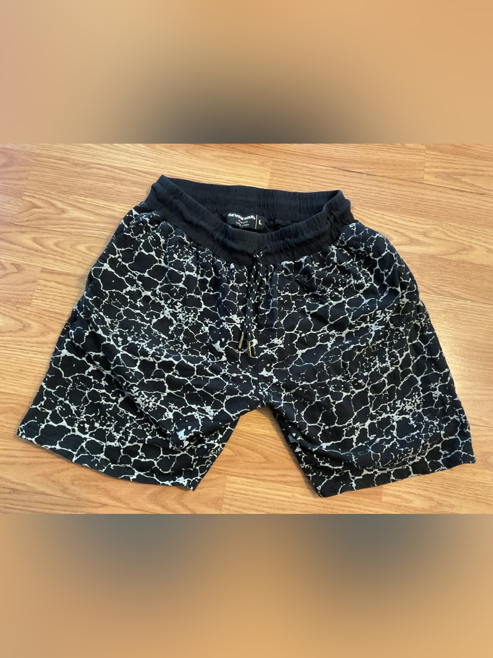 Men's SEVEN SOULS Black Marble-Print Drawstring Shorts SZ.L.30x8 Stretchy
